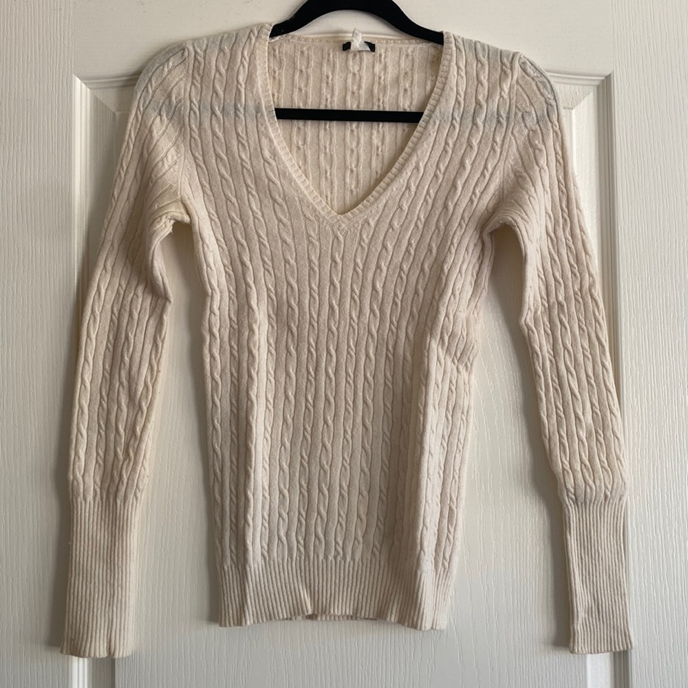 Fitted wool blend cable knit sweater